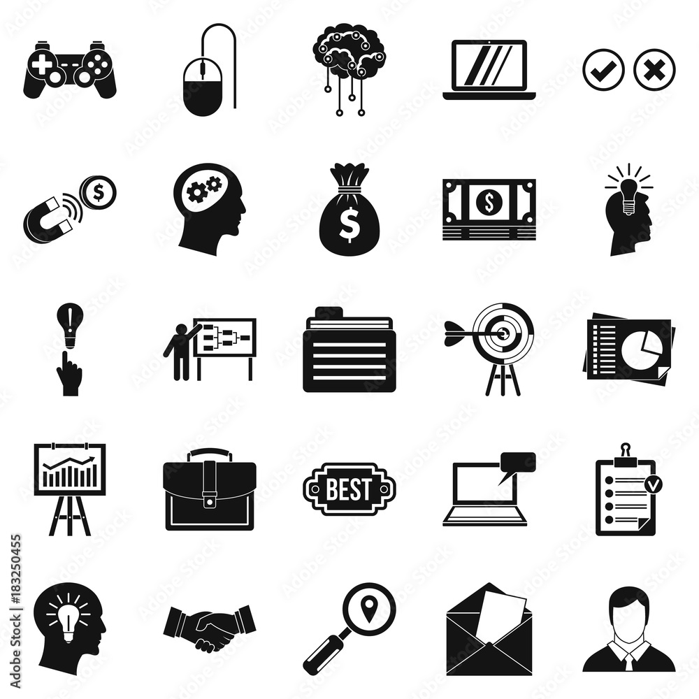 Poster creating game icons set, simple style