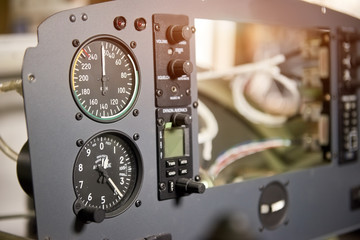 Airplane dashboard macro. Aircraft, altitude and speed indicators. - obrazy, fototapety, plakaty