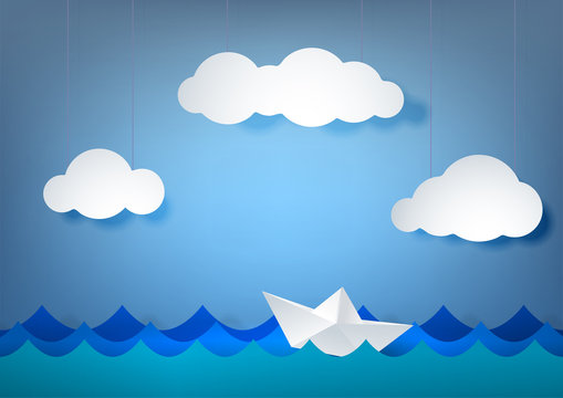 Paper scenery, origami boat in the sea