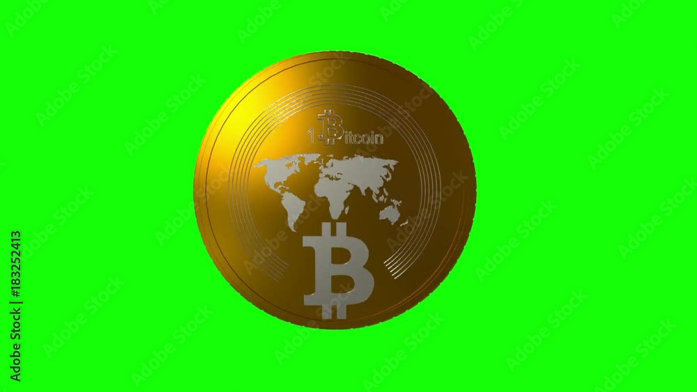 Poster rotating bitcoin on a green background, seamless looping 3d animation