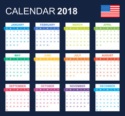 USA Calendar for 2018. Scheduler, agenda or diary template. Week starts on Sunday