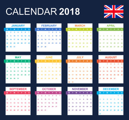 English Calendar for 2018. Scheduler, agenda or diary template. Week starts on Monday