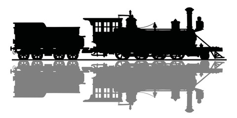 Naklejka premium Black silhouette of the vintage american wild west steam locomotive