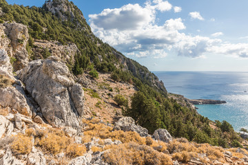 Coastline landscape from the Tsambika mountain on the Rhodes Island, Greece