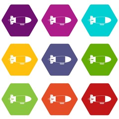 Aerostat airship icon set color hexahedron