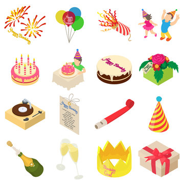 Birthday party icons set, isometric style