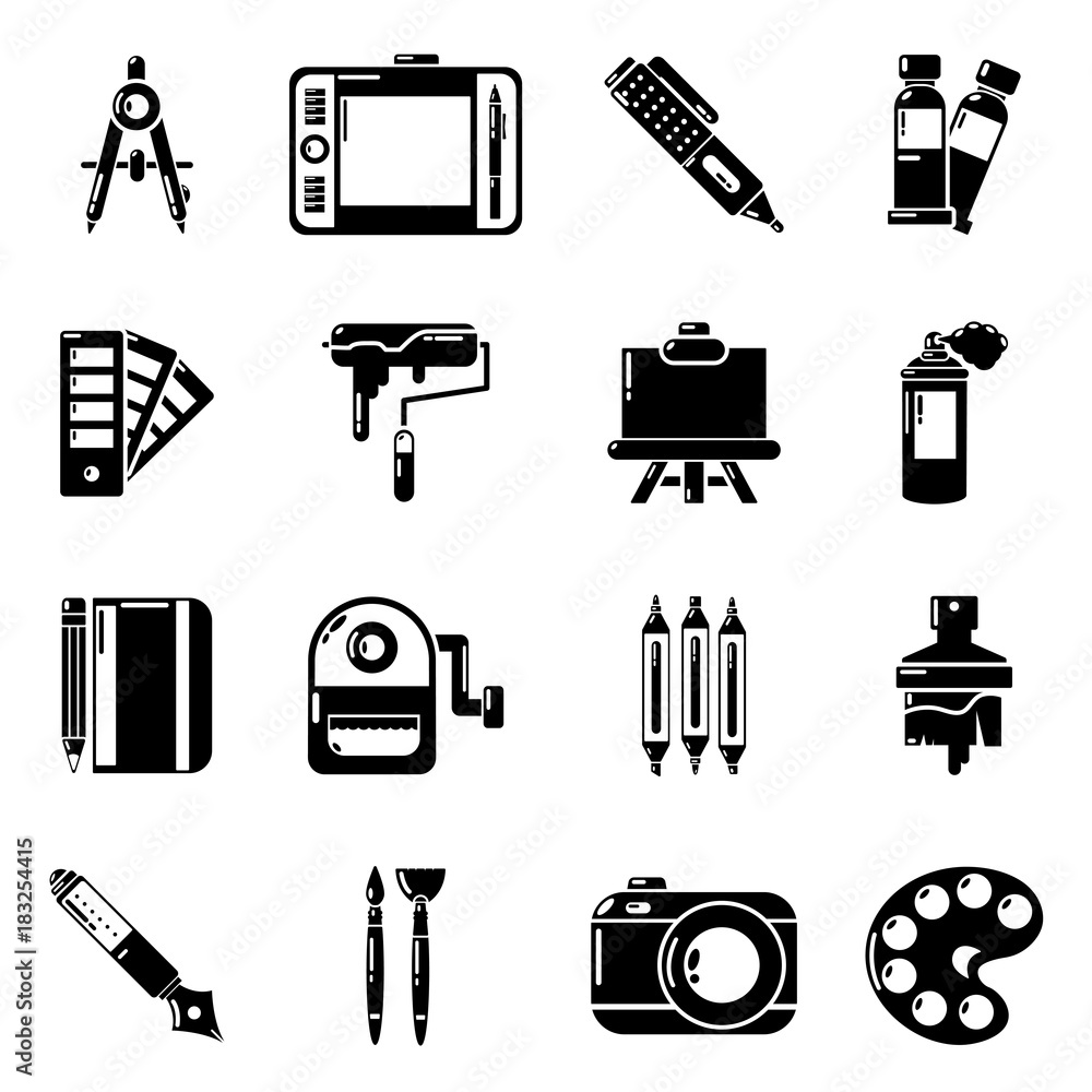Poster design and drawing tools icons set, simple style