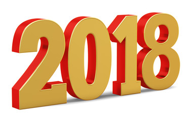 New year inscription gold and red 2018 on a white background. 3d rendering.