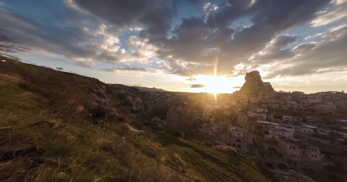 Aerial view of Uchisar castle in the sunset. Cappadocia. Nevsehir Province. Turkey