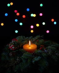 xmas decoration and blurred lights in black background