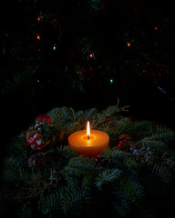 Christmas decoration in front of xmas tree and lights