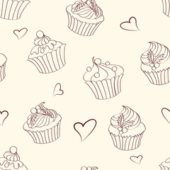 Seamless pattern of outlines delicious Christmas cupcakes