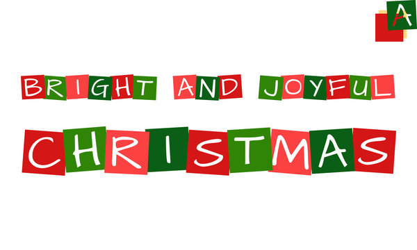 bright and joyful christmas - xmas wish, vector letters in squares with traditional christmas colors
