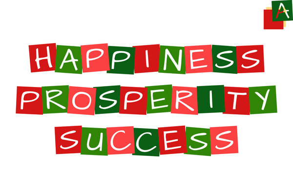 happiness prosperity success - xmas wish, vector letters in squares with traditional christmas colors