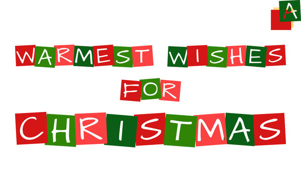 warmest wishes for christmas - xmas greeting, vector letters in squares with traditional christmas colors