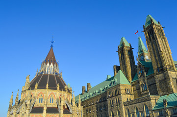 The back view of The Center Block and the Peace Tower in Parliament Hill, Ottawa, Canada. Center Block is home to the Parliament of Canada. 