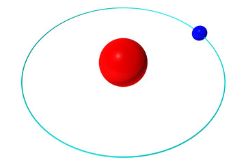 Hydrogen atom isolated on white, red proton and blue electron - obrazy, fototapety, plakaty