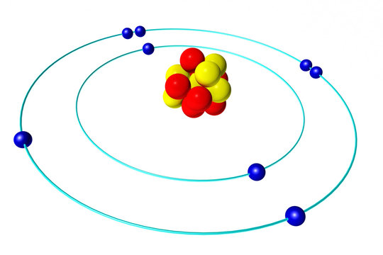 Oxygen atom with proton, neutron and electron, 3D Bohr model