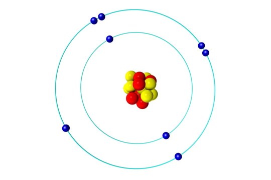 Oxygen atom with proton, neutron and electron, 3D Bohr model illustration