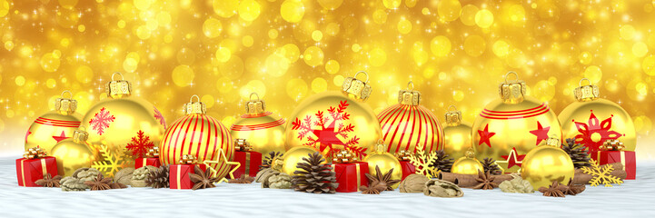 Weihnachten - Weihnachtskugeln, Christbaumkugeln, Anis, Sternanis, Zimt, Zimtstangen, Walnüsse, Geschenke, Schnee - bokeh © marog-pixcells