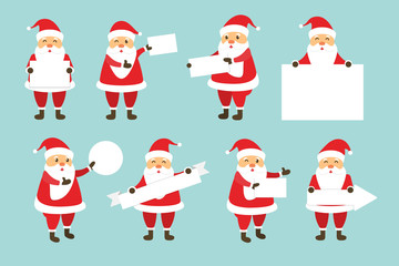 Vector set of cartoon isolated Santa Claus character with blank white frames for decoration and covering on the bright background. Concept of Merry Christmas and Happy New Year.