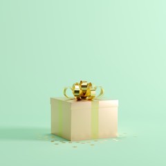 Gold Gift box with gold ribbon on Green background for copy space. Christmas minimal concept idea.