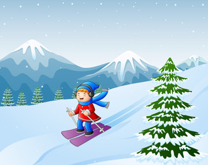 Cartoon skiing girl on snowy hill