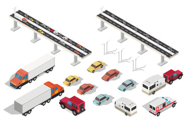 Isometric brigde and city with highways traffic road set.