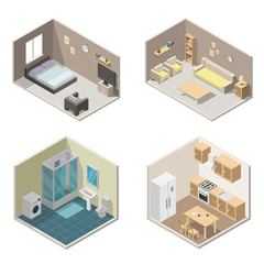 Isometric interior vector illustration modern set of bathroom, kitchen, living room, bedroom, garage.
