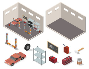 Isometric Center Mechanical car service with repair Check Up vehicles of wheel machine and vector illustration big set