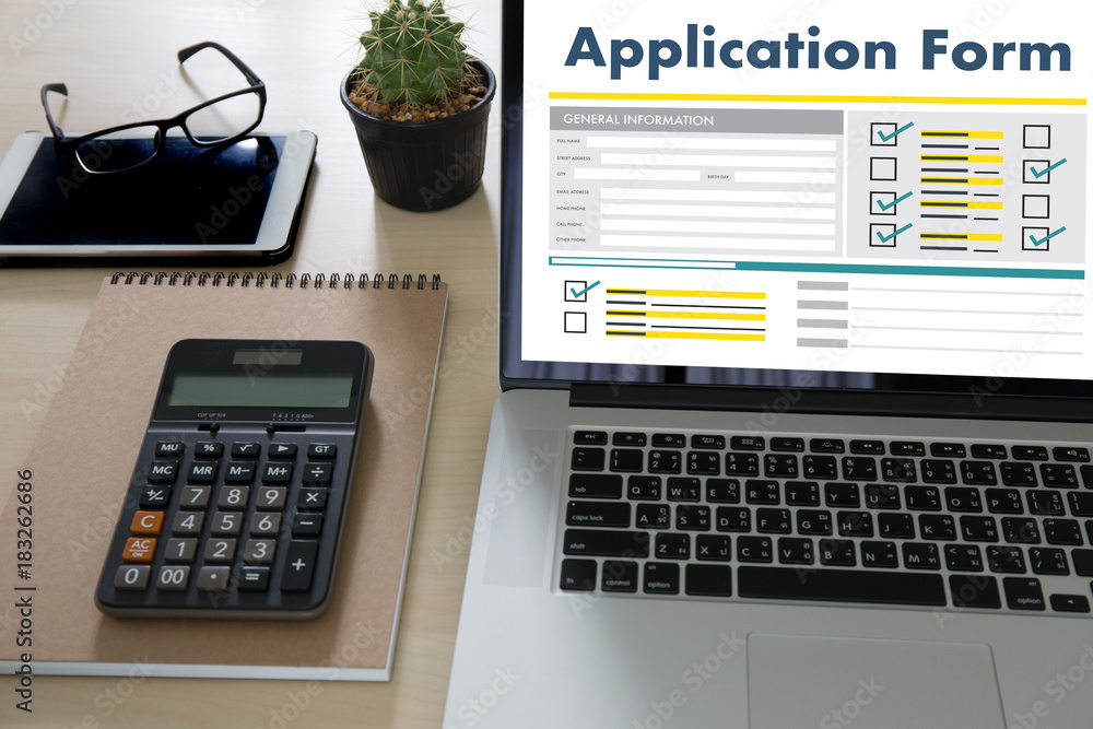 Poster business man working on laptop computer use online web job application form moniter