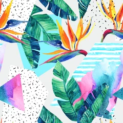 Peel and stick wall murals Paradise tropical flower Watercolor exotic flowers, leaves, grunge textures, doodles seamless pattern.