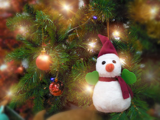 festive merry christmas with decorated item and snowman hang in a tree for merry christmas with celebration countdown to new year festival holiday in december every year