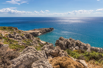 Fototapeta na wymiar Coastline landscape from the Tsambika mountain on the Rhodes Island, Greece