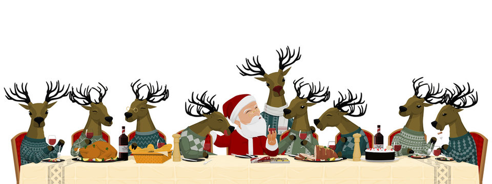 Close Up Of Christmas Party, Santa Have Christmas Party With His Reindeer Team On Transparent Background
