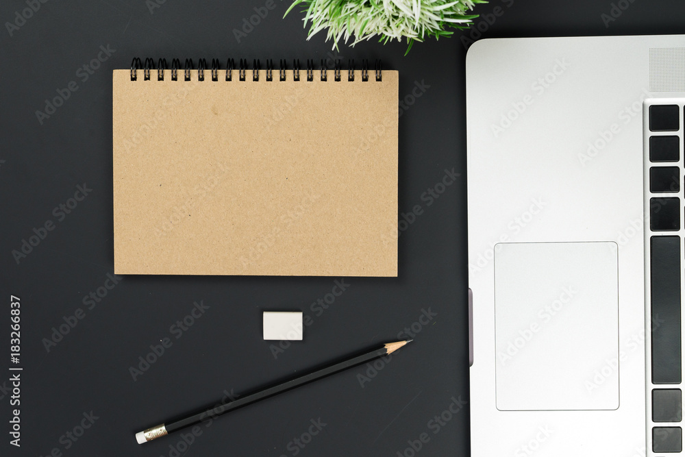 Poster business office work desk table with computer laptop , note and stationery on black table background