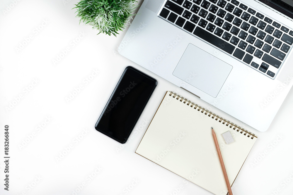 Fototapete business office work desk table with computer laptop , note and stationery on white table background