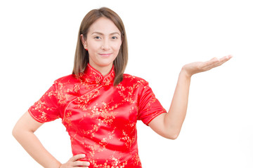 Chinese woman with open hand palm