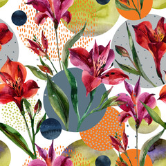 Materiał do szycia Akwarela dekoracyjnych kwiatów i liści, koło kształty wypełnione akwarela, minimalne doodle tekstury na tle.