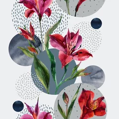 Papier Peint photo Impressions graphiques Fleurs et feuilles décoratives à l& 39 aquarelle, formes de cercle remplies d& 39 aquarelle, textures de griffonnage minimales sur fond.