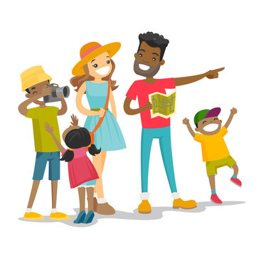Positive multiracial parents with three biracial kids traveling together. Traveling family checking a direction on a paper map and taking picture on the camera. Vector isolated cartoon illustration.
