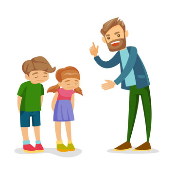 Young angry Caucasian white father shaking forefinger and scolding his unhappy son and daughter. Furious father punishing his sad children for unruly behavior. Vector isolated cartoon illustration.