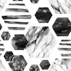 Hexagone aquarelle avec rayures, marbre couleur aquarelle, grainé, grunge, textures de papier.