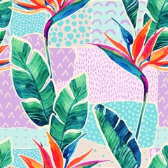 Abwaschbare Fototapete Grafikdrucke Aquarell tropische Blumen auf geometrischem Hintergrund mit Kritzeleien.