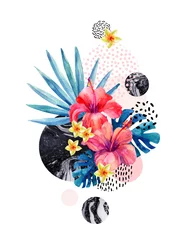 Deurstickers Aquarel tropische bloemen op geometrische achtergrond met marmering, doodle texturen © Tanya Syrytsyna