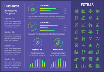 Business infographic template, elements and icons. Infograph includes customizable graphs, four options, line icon set with business worker, successful businessman, corporate leader, conference etc.