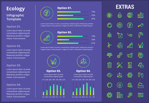 Ecology infographic template, elements and icons. Infograph includes customizable graphs, four options, line icon set with resources of green energy, environmental cycle, water and sun power etc.