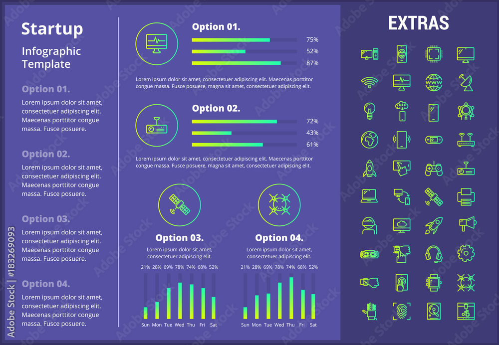 Poster startup infographic template, elements and icons. infograph includes customizable graphs, four optio