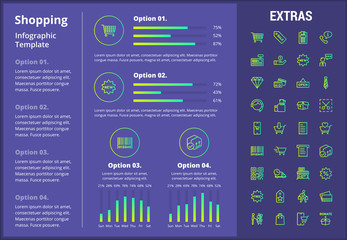 Shopping infographic template, elements and icons. Infograph includes customizable graphs, four options, line icon set with shopping cart, online store, mobile shop, price tag, retail business etc.