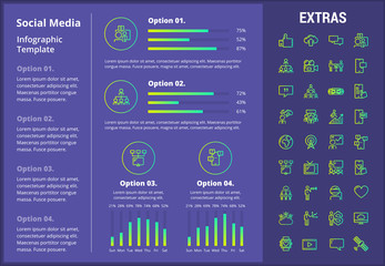 Social media infographic template, elements and icons. Infograph includes customizable graphs, four options, line icon set with social media, global network, electronic mail, internet technology etc.